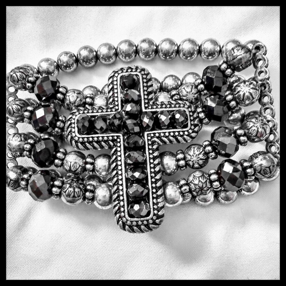 Brilliant shine white and black beaded rosary cross bracelet four tiered